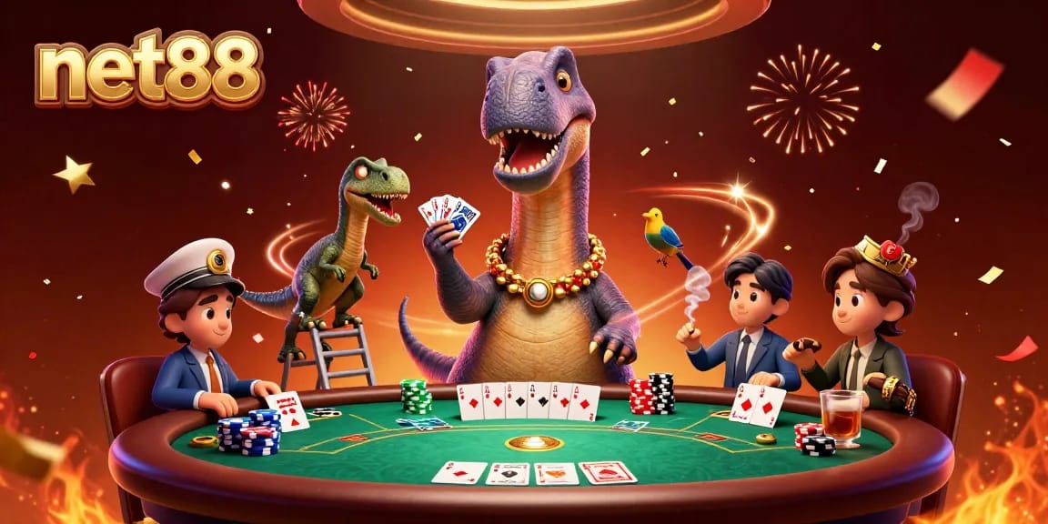 Experience net88's thrilling poker scene with a brontosaurus dealer and vibrant chips.