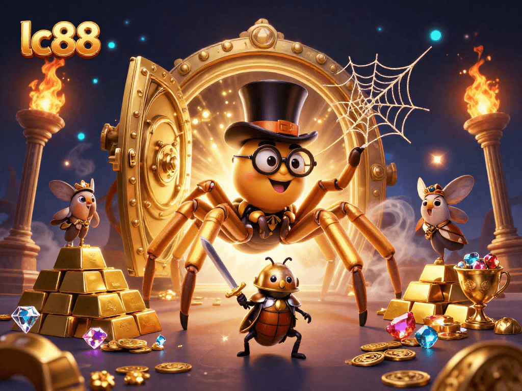 Experience thrilling gameplay at lc88 with a vibrant 3D casino illustration showcasing dynamic characters and gold elements.