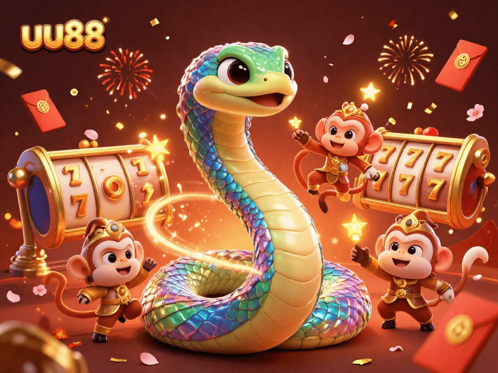 Experience thrilling gaming with uu88's colorful serpent, playful monkey king, and vibrant casino symbols.