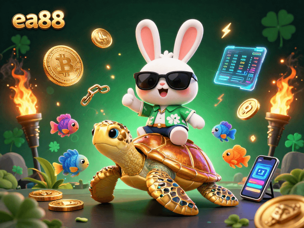 Engage with ea88's thrilling casino games featuring a cartoon lucky rabbit and golden turtle against vibrant underwater elements.