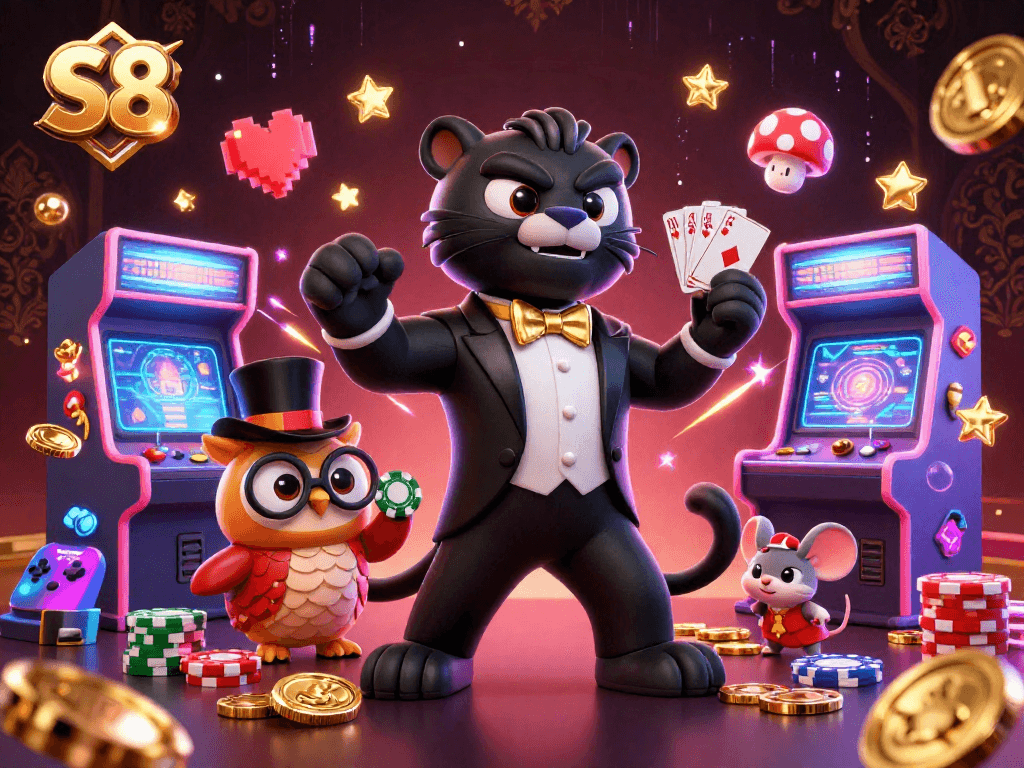 S8 showcases an elegant casino scene featuring a stylish panther dealer, lively owl, and a lucky mouse interacting with poker elements.