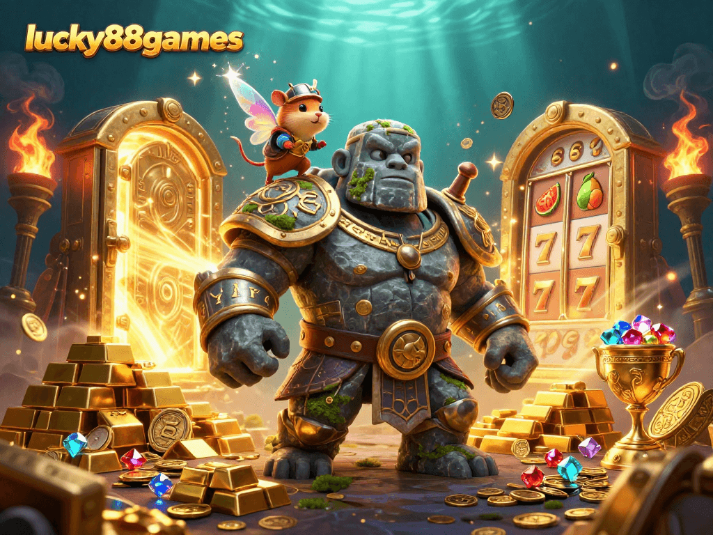 Spin the reels with lucky88games in this dazzling casino scene filled with treasures and magic.