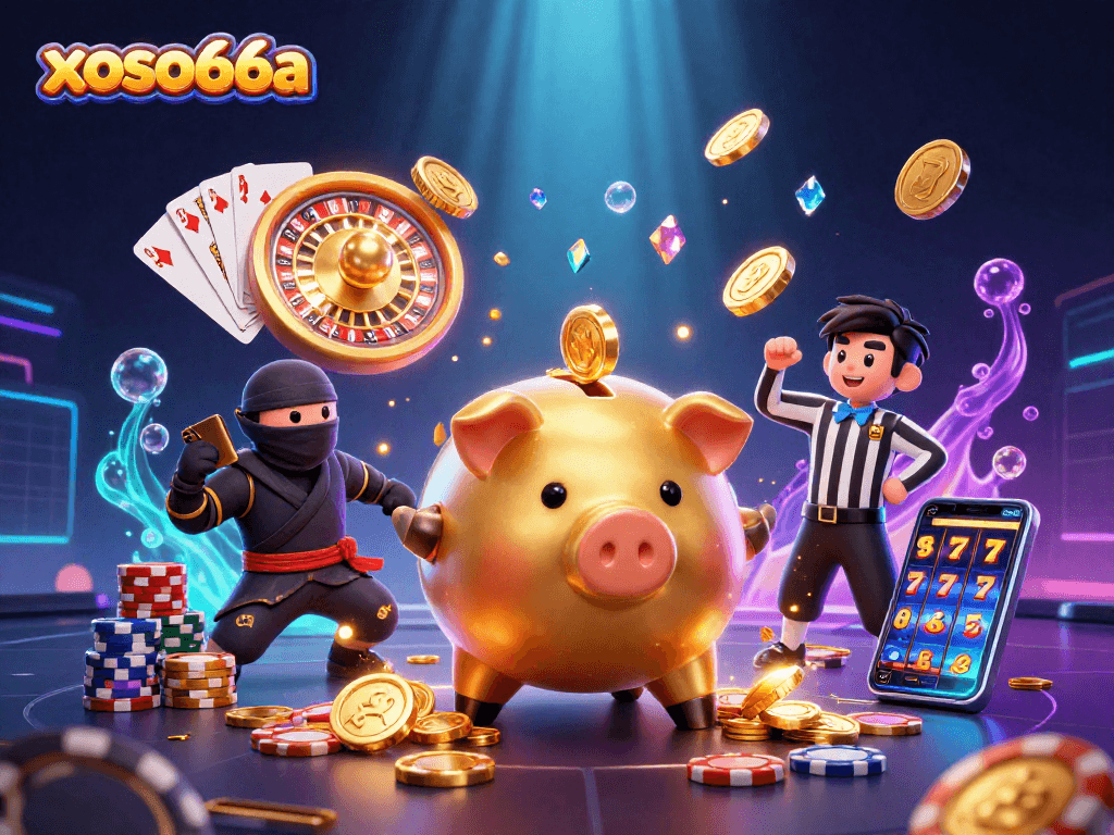 xoso66a features a dynamic casino scene with a golden piggy bank, wallet ninja, and credit card samurai surrounded by coins.
