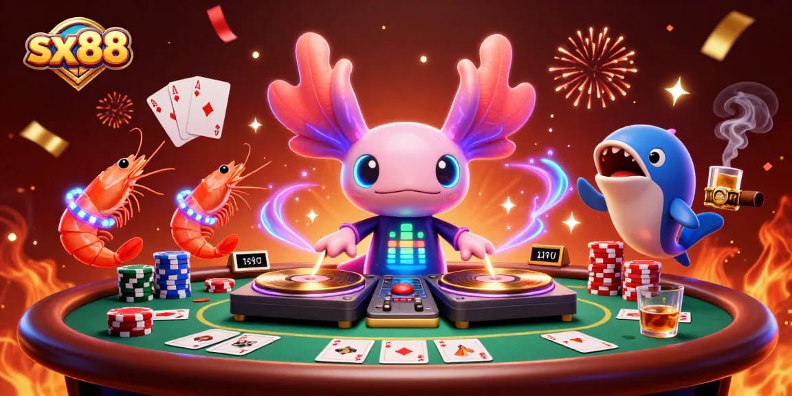 Play at sx88's vibrant casino with an energetic axolotl DJ spinning records and shrimp dancers.