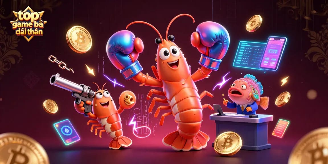 Experience the excitement with top game bài đổi thưởng as vibrant sea creatures face off with neon crypto elements in a dynamic casino setting.
