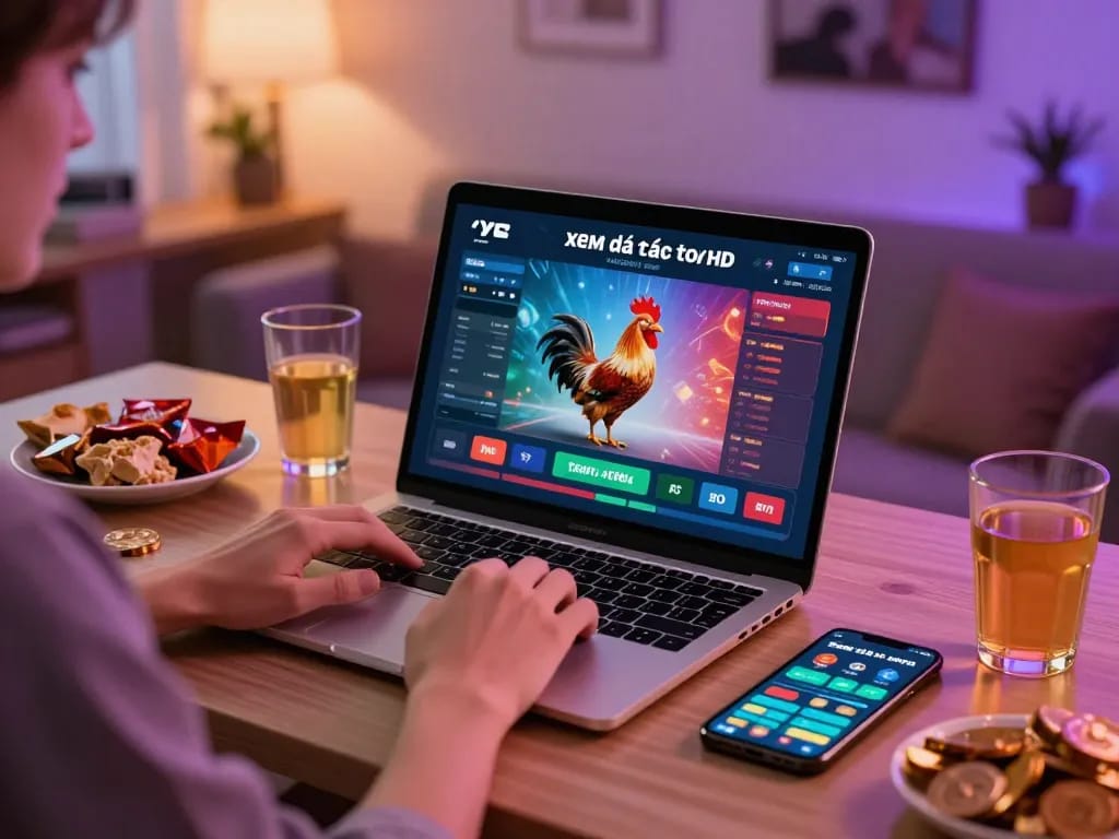 Cảnh thu hút của một người xem xem đá gà trực tiếp HD trực tuyến với đồ ăn vặt và nước uống