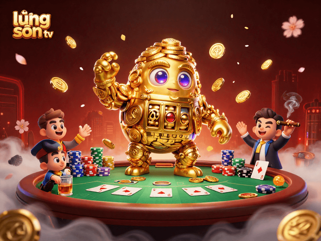 Engage with lương sơn tv to experience thrilling poker action featuring a gold golem and vibrant casino elements.