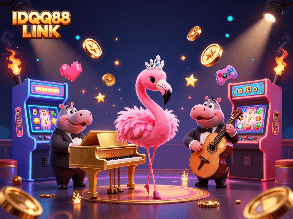 Experience gaming excitement with IDQQ88 LINK featuring a flamingo singer and hippo bassist in a vibrant casino setting.