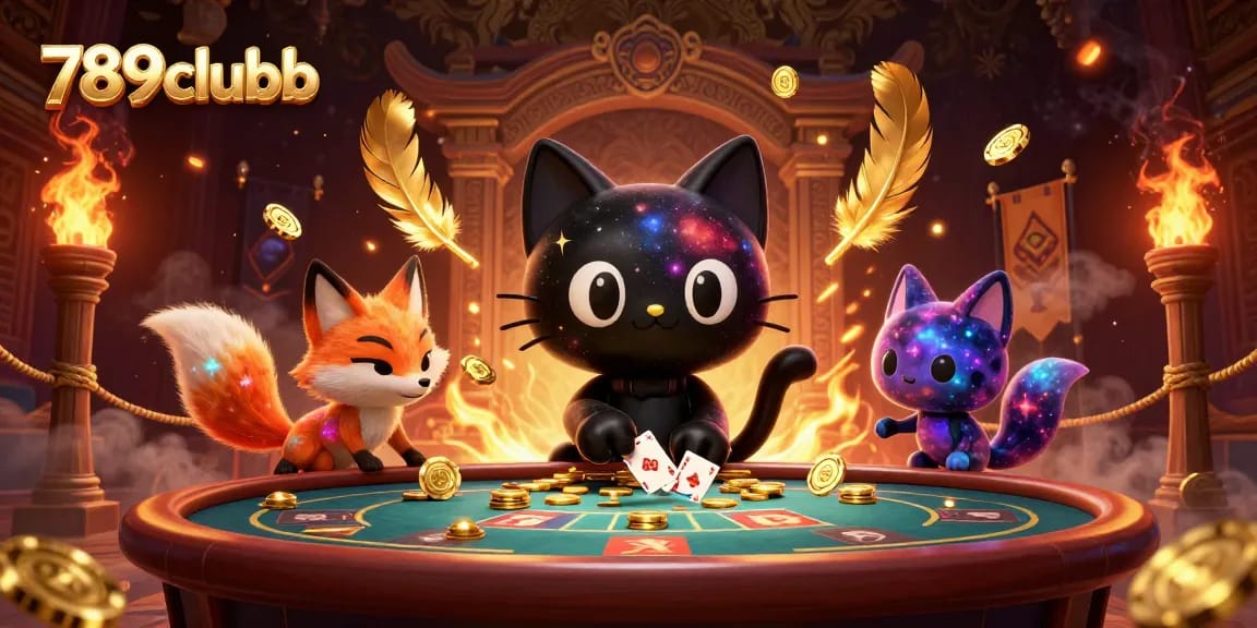Engage with the 789clubb casino experience featuring a black hole cat and nebula fox at a cosmic table.