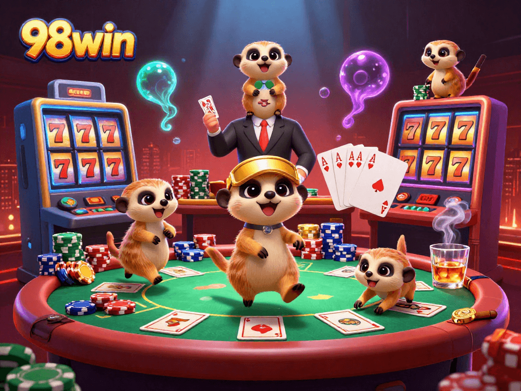 Experience the thrilling 98win gaming adventure with meerkats in a vibrant digital casino environment.