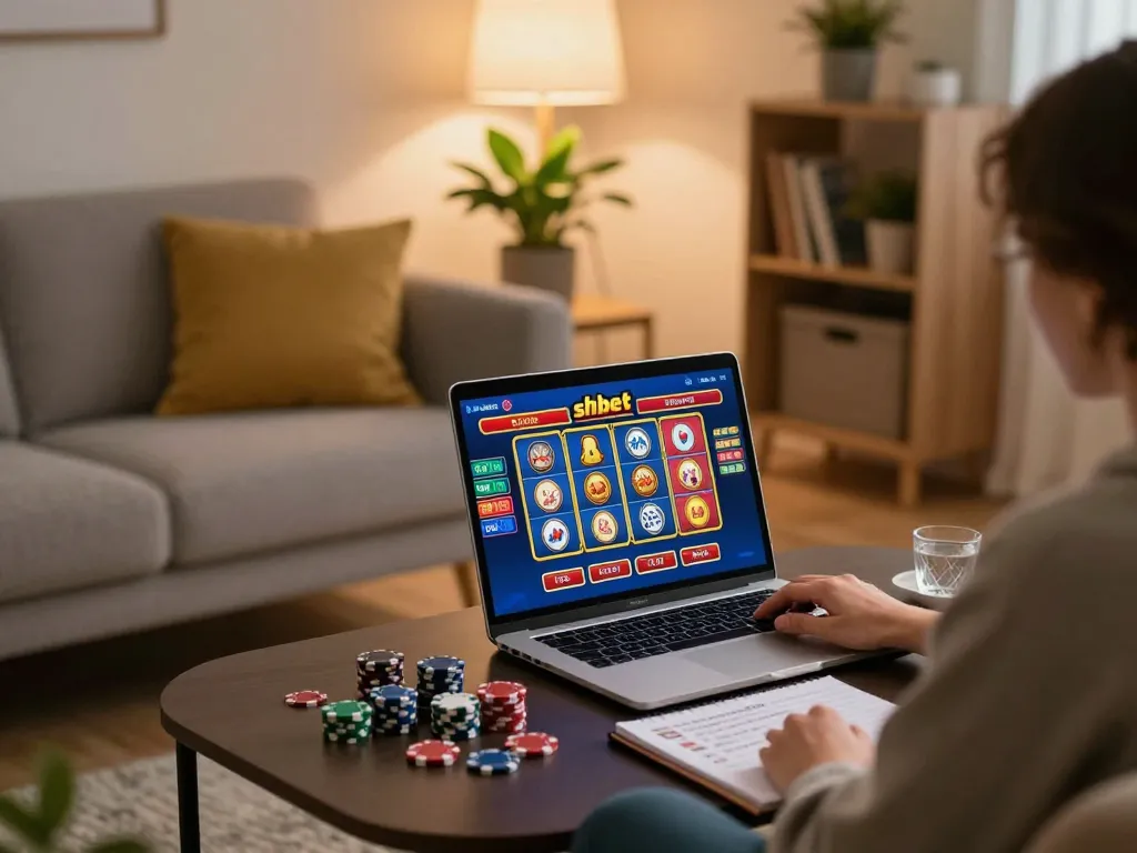 Engaging in online gaming at shbet while using laptop on a cozy couch with betting strategy notes nearby.