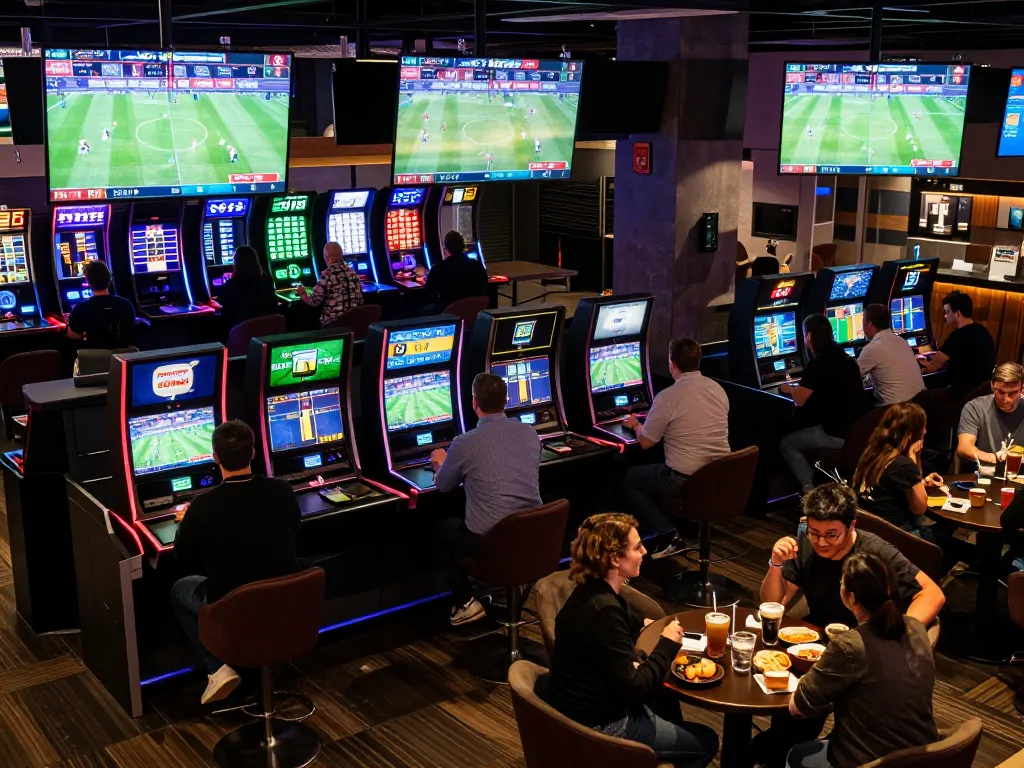 Excited sports fans making bets at OKFUN's sportsbook, showcasing vibrant atmosphere