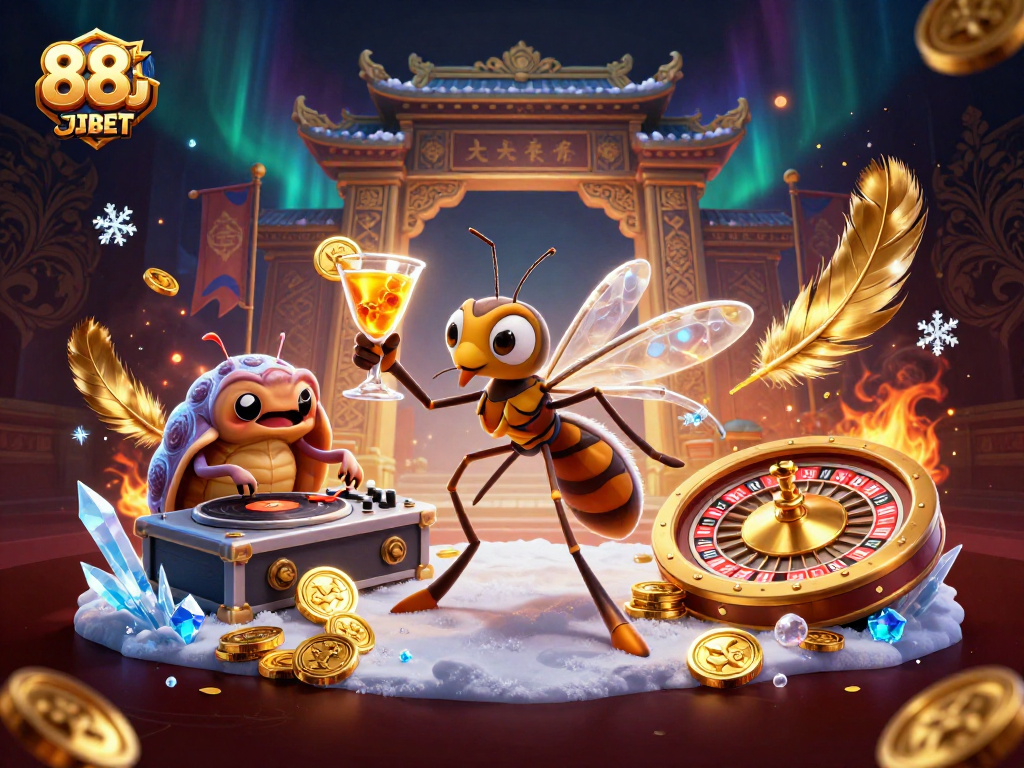 Win big with 88JBET in a dynamic casino scene featuring a fossil-inspired mascot.