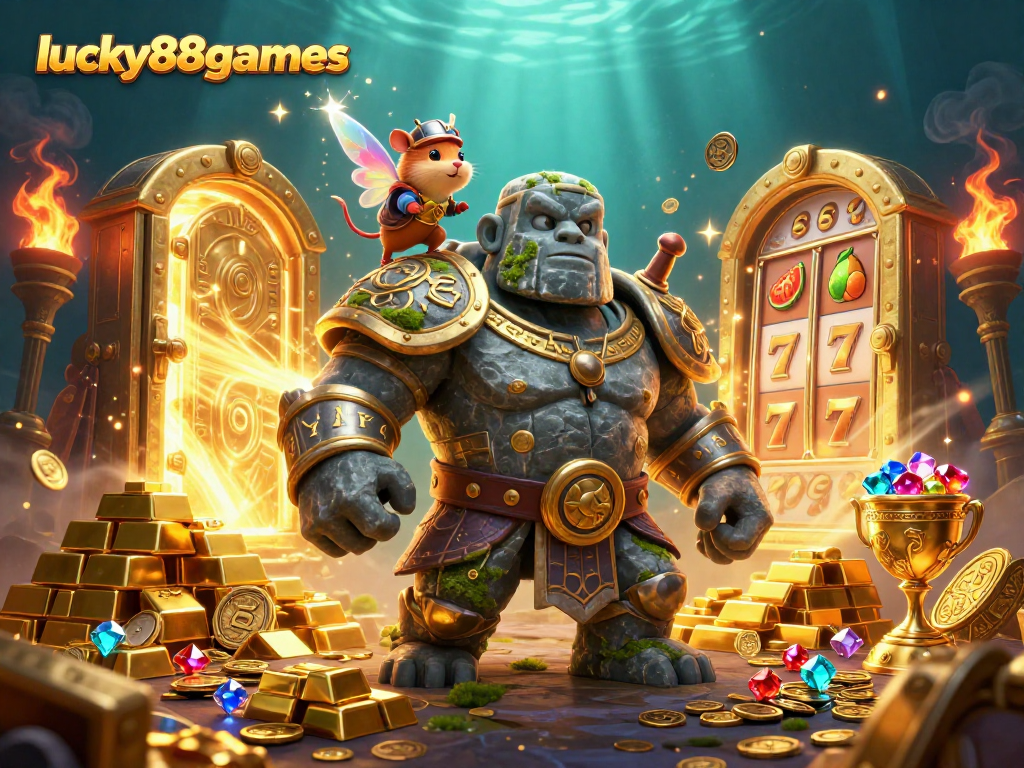 Spin the reels with lucky88games in this dazzling casino scene filled with treasures and magic.