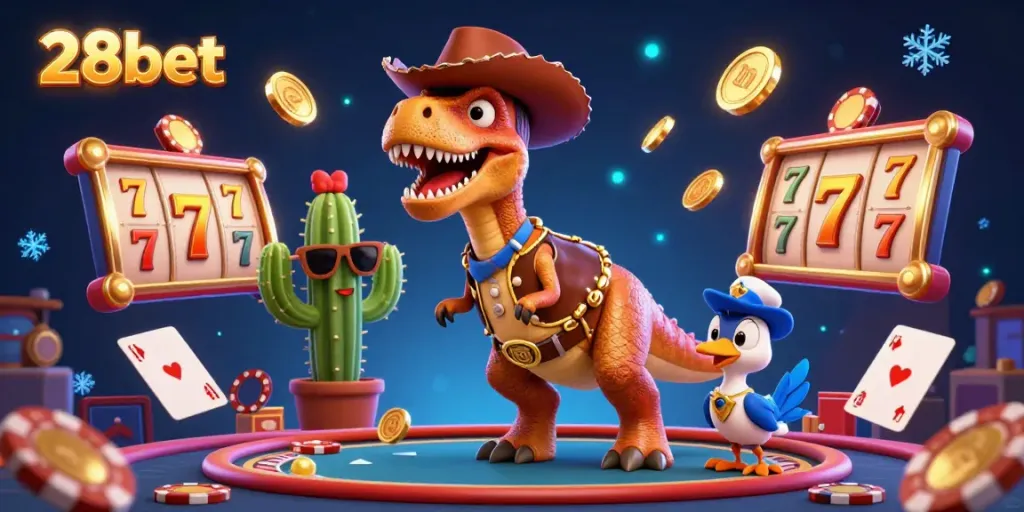 Experience thrilling gameplay at 28bet with dynamic casino action featuring cartoon characters and vibrant game elements.
