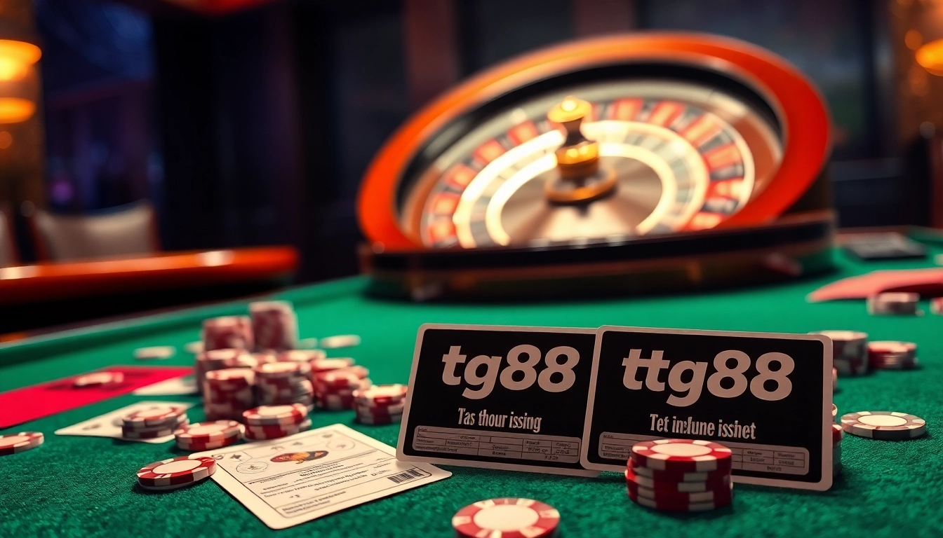 Experience the thrill at tg88 casino with vibrant poker chips and a roulette wheel.