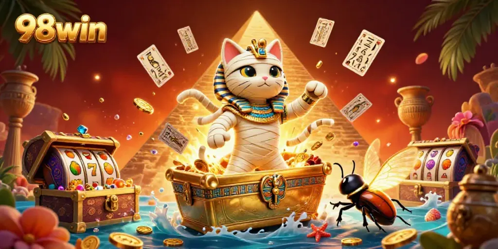 Engage with thrilling casino adventures at 98win featuring a vibrant Egyptian-themed illustration with a mummy and scarab.