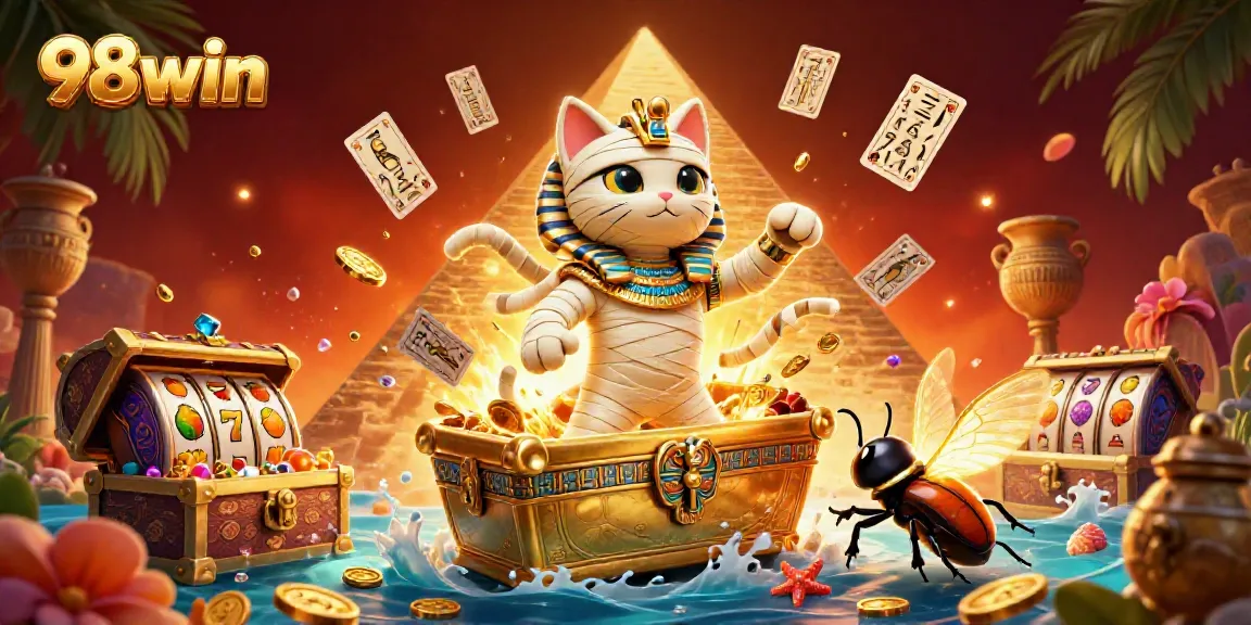 Engage with thrilling casino adventures at 98win featuring a vibrant Egyptian-themed illustration with a mummy and scarab.