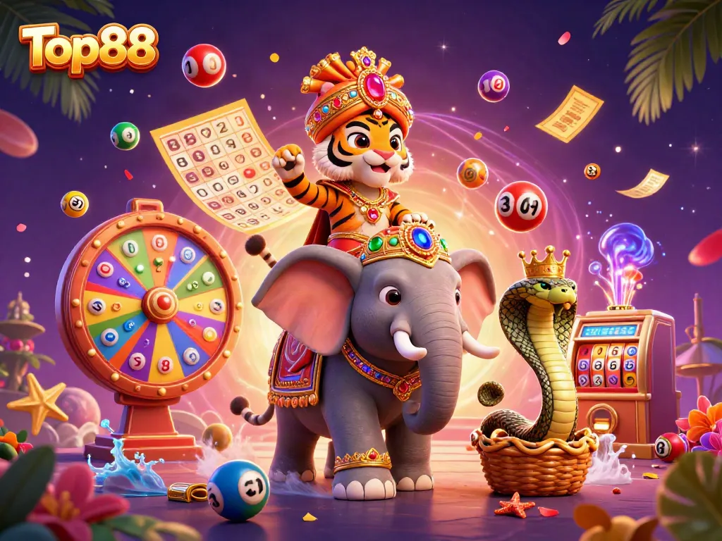 Engage with Top88 thrilling lottery excitement through a dynamic 3D illustration featuring game elements.
