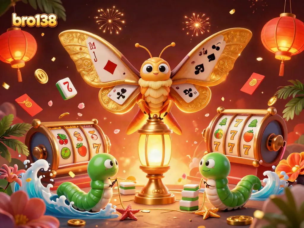 Spin and win with bro138 in this vibrant casino-themed illustration filled with slot reels and golden treasures.