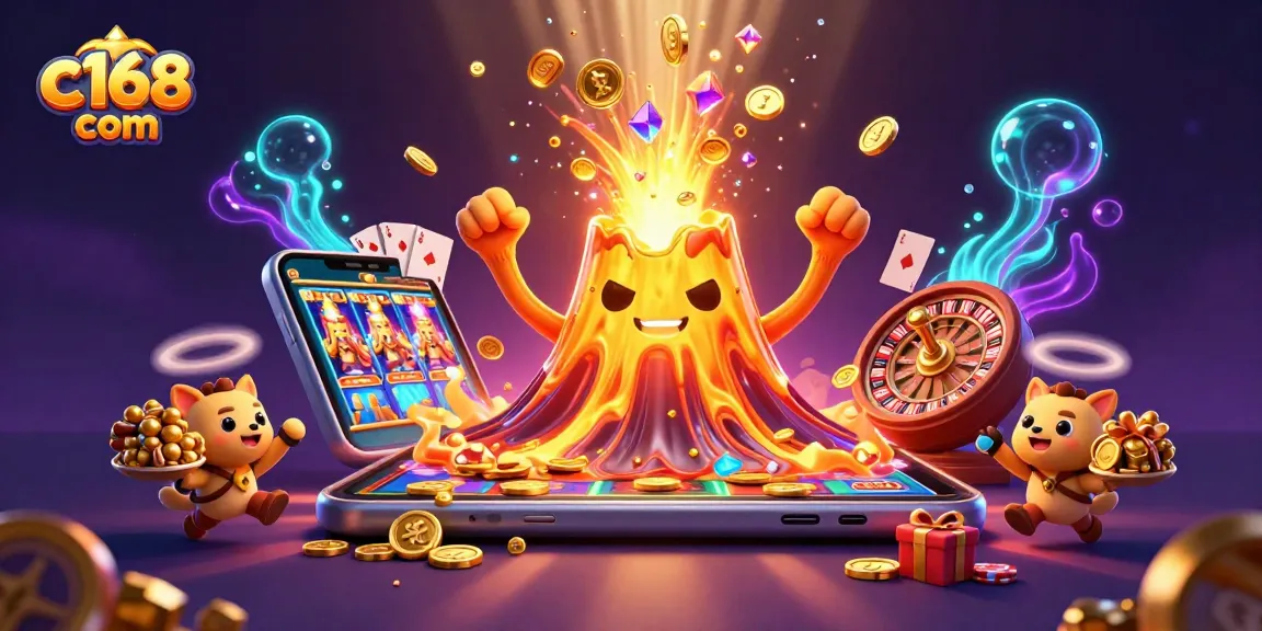 Win big with c168 com as a golden volcano erupts with treasures and vibrant casino elements.