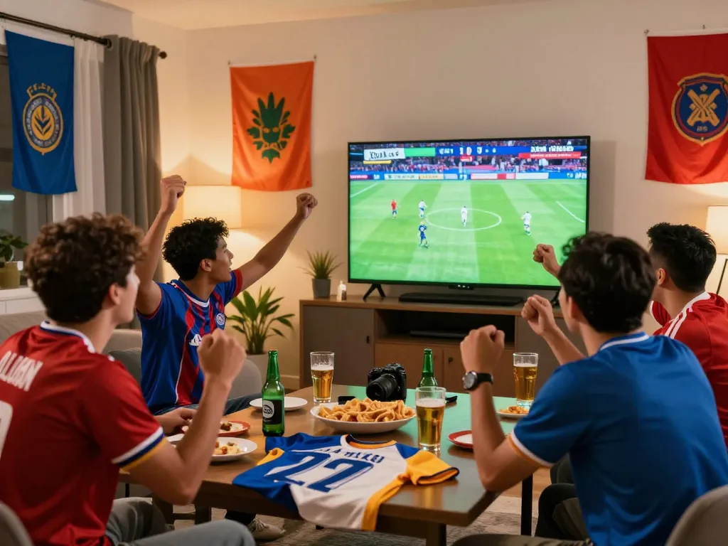 Excited fans watching Xoilac live soccer stream with snacks and jerseys in a vibrant home setting.