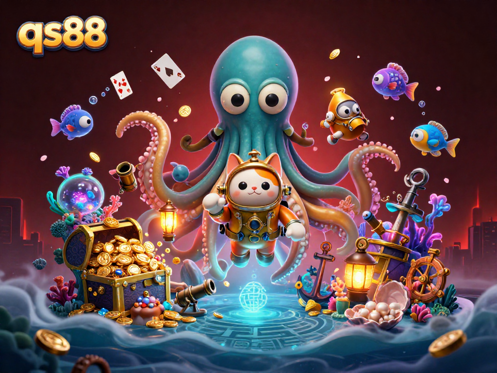 Experience casino thrills with qs88's vibrant kraken, divers, and treasure in a dynamic underwater scene.