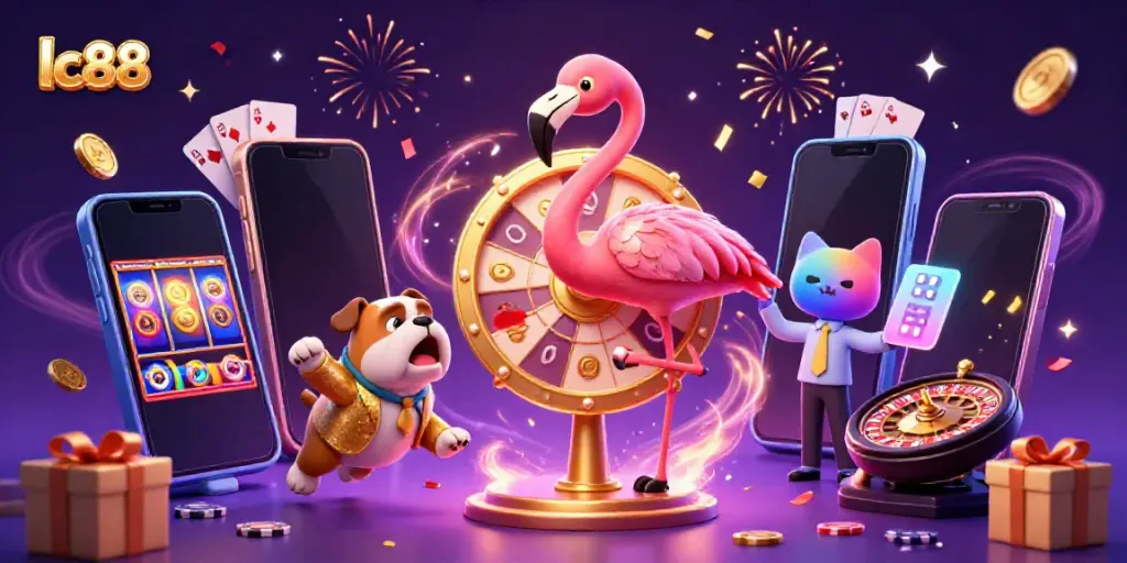 Engaging lc88 promotional illustration featuring a game show host flamingo and a bulldog contestant in a vibrant casino setting.