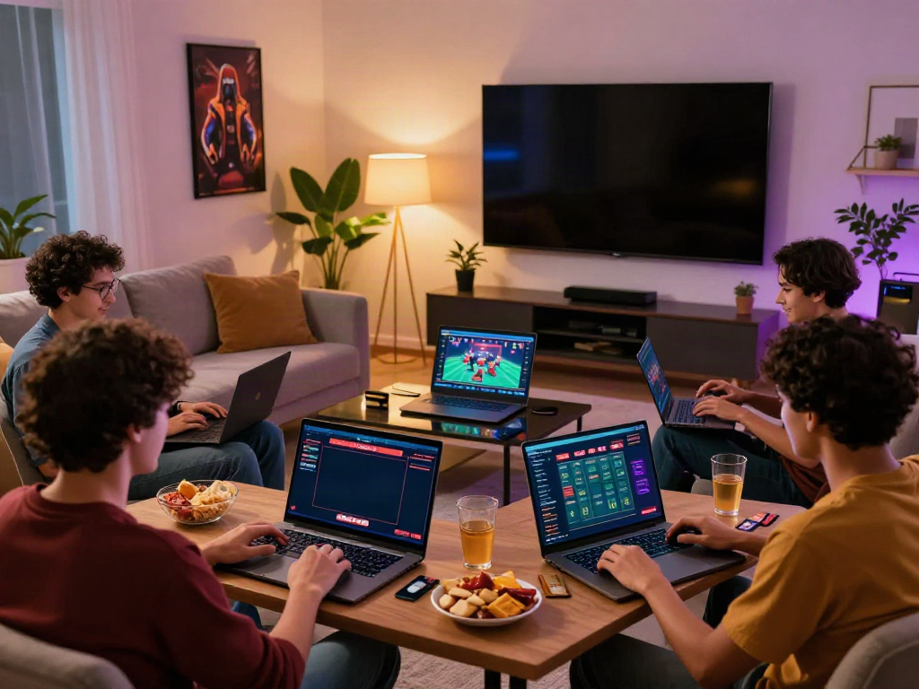 Friends enjoying credit card casinos in a modern living room with laptops and snacks.