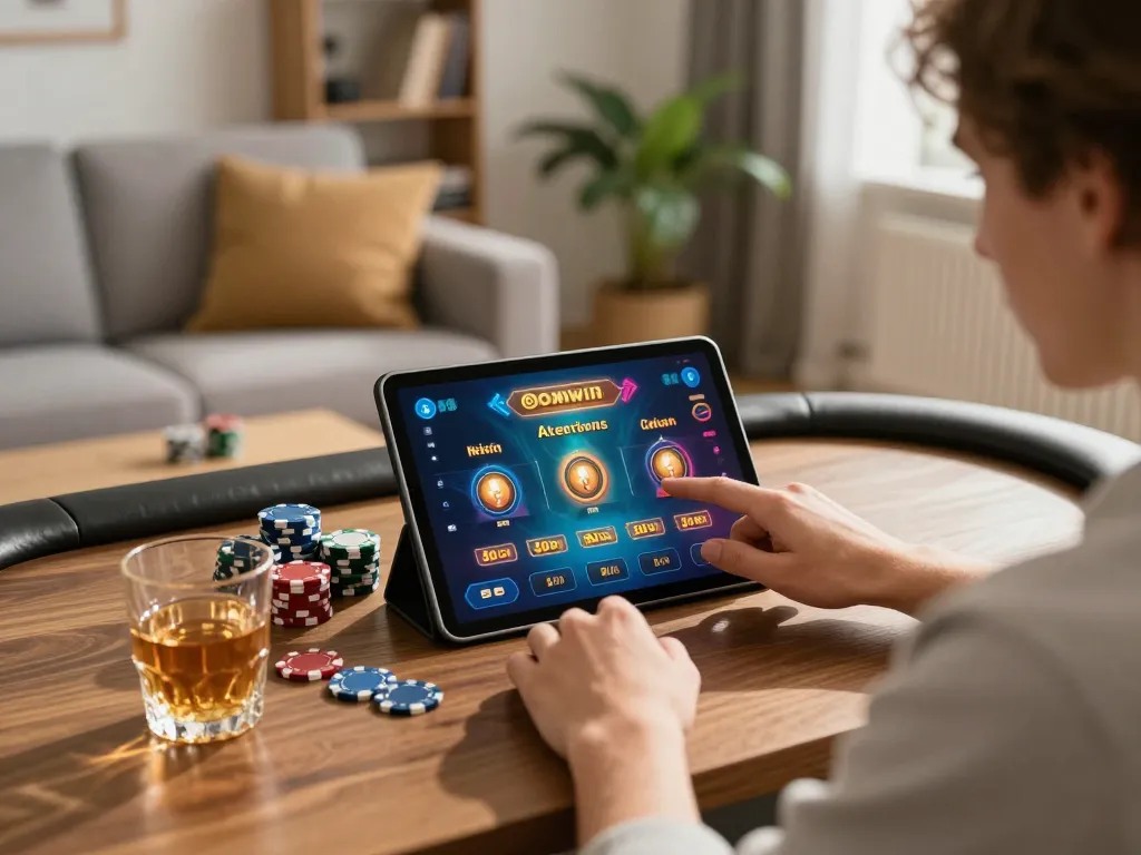 Player enjoying mobile gaming on sunwin app with vibrant interface and cozy home ambiance