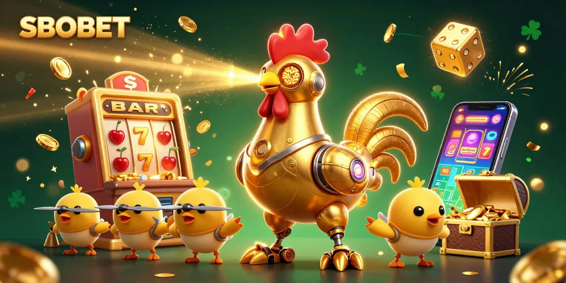 ภาพประกอบ SBOBET ที่แสดงให้เห็นโรบอตไก่ทองคำ 3D และลูกเจี๊ยบ มีเครื่องสล็อตและเหรียญทองมากมาย