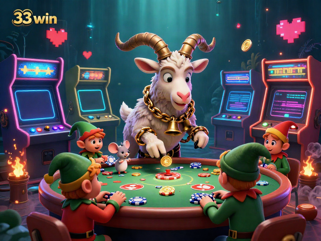 Giao diện hấp dẫn của sòng bạc 33win với nhân vật Krampus, chuột thiên thần và yêu tinh đang vui chơi.