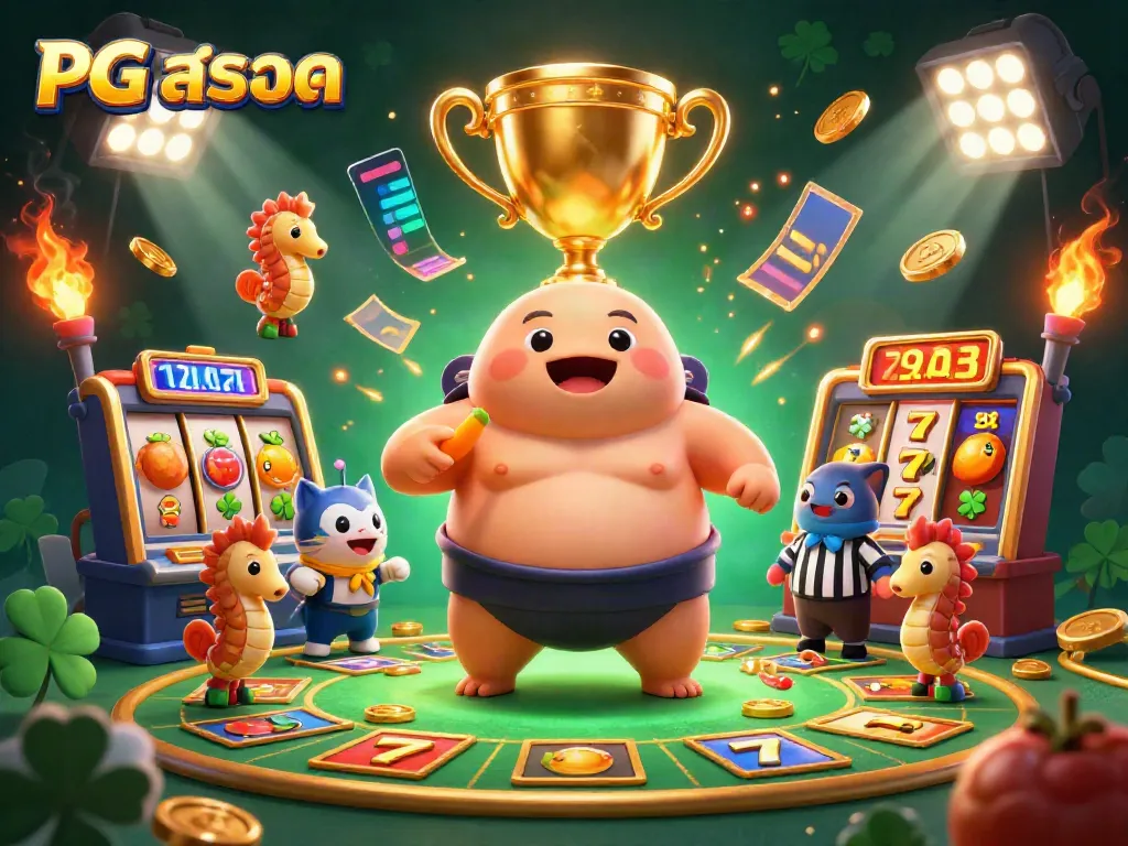 Engage in thrilling gameplay with PG สล็อต featuring vibrant characters and dynamic slot machine elements.