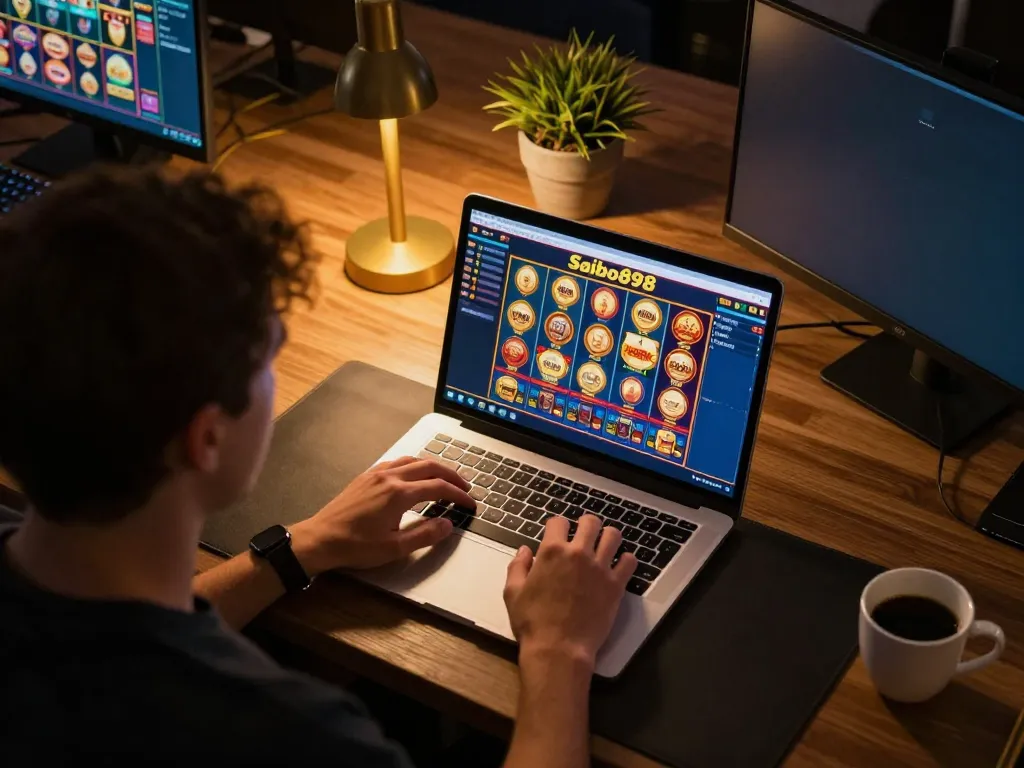 Player enjoying their gaming experience at Saibo898 Casino on a laptop in a cozy workspace