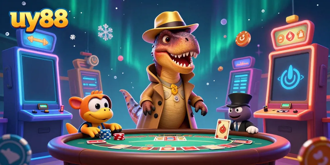 Experience thrilling casino action with uy88 featuring a velociraptor card counter and colorful slot machines.
