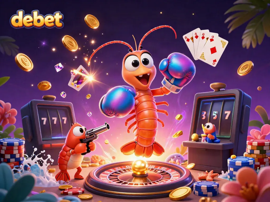 Experience big wins at Debet with vibrant casino-themed cartoon characters and exploding coins.