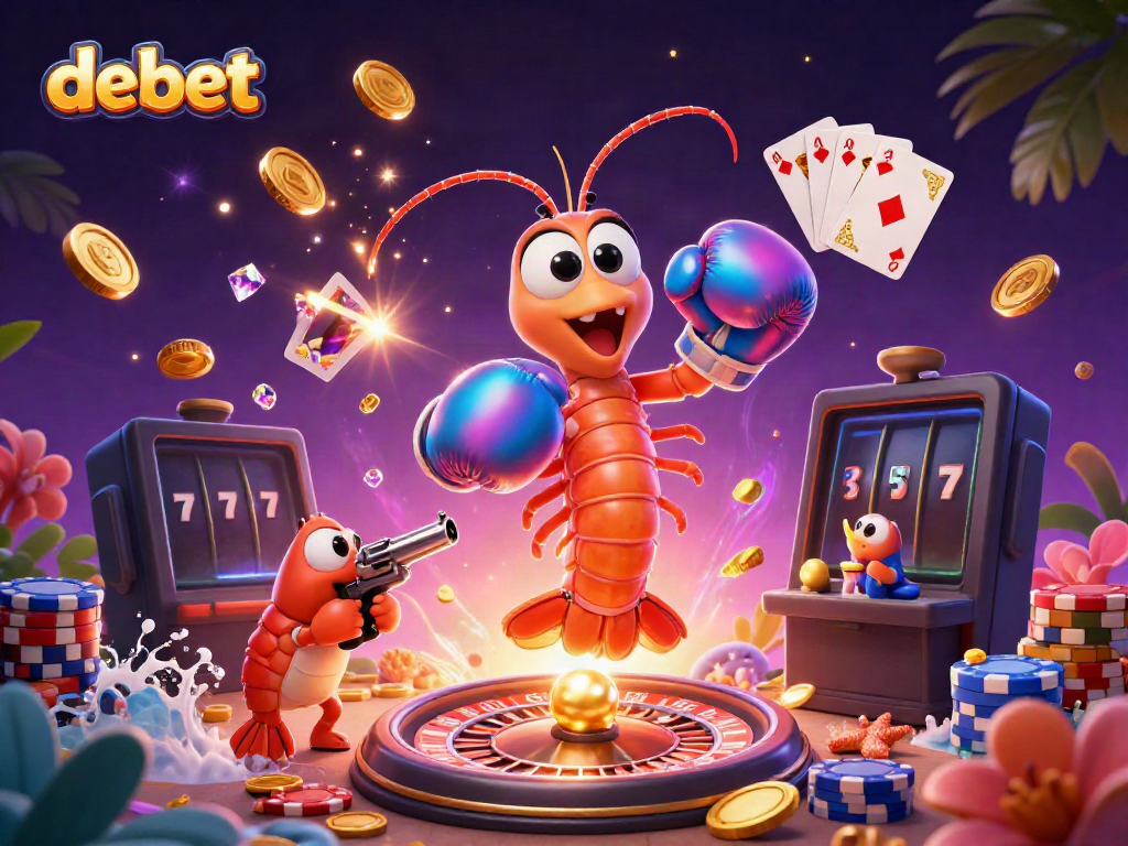 Experience big wins at Debet with vibrant casino-themed cartoon characters and exploding coins.