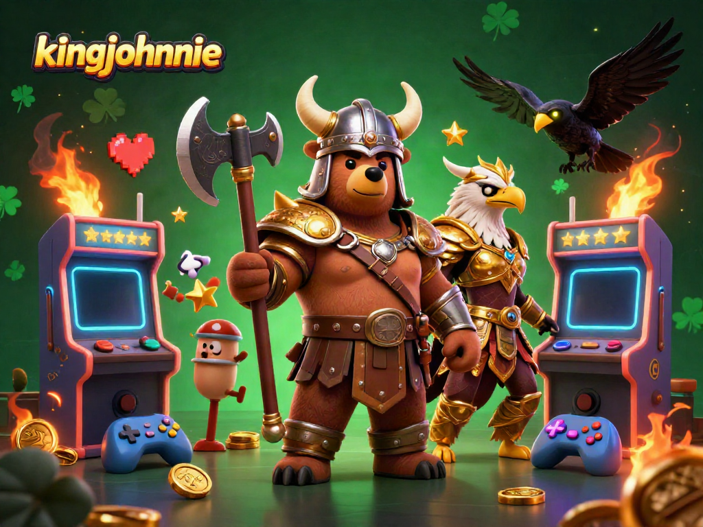 Engage with kingjohnnie's vibrant 3D casino scene featuring a Viking bear and Valkyrie eagle amid arcade and gaming elements.