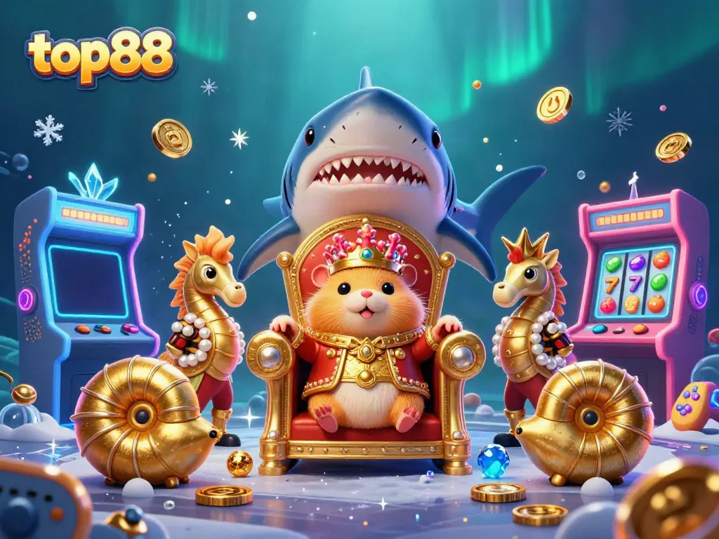 Join the top88 gaming excitement with a fierce hamster king among slot symbols and casino elements.