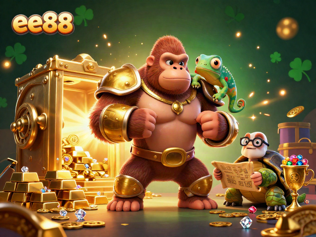 Experience the thrill of ee88 with vibrant 3D casino characters surrounded by riches and game elements.
