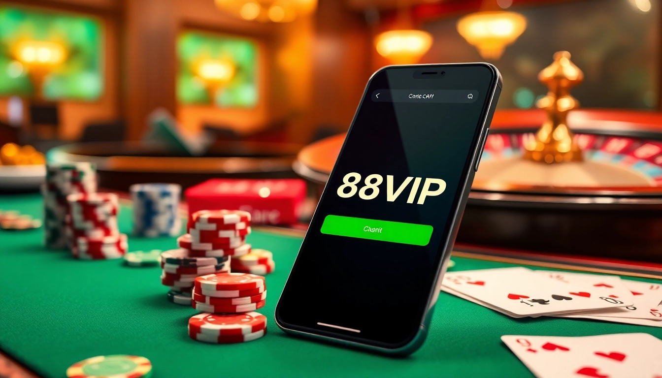 Tải App Nhà Cái 68VIP showcased on a smartphone surrounded by luxury casino elements, emphasizing the excitement of online gambling.