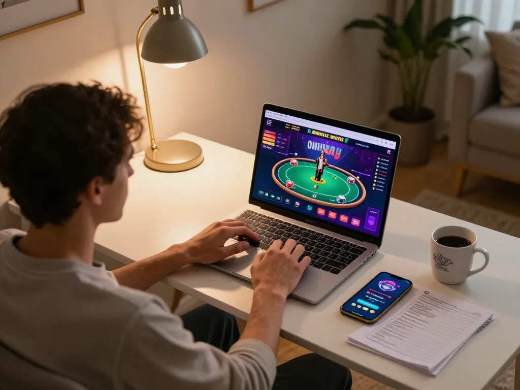 Engaging online poker session with 33winvn displayed on the laptop screen, players immersed in strategy.