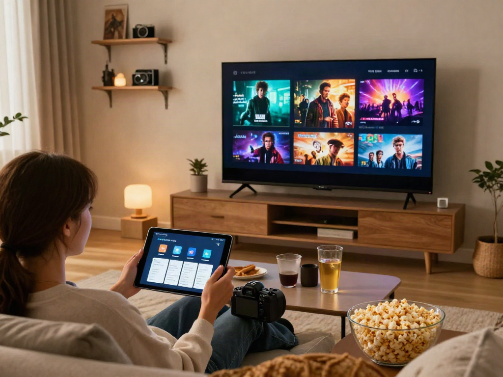 Cozy living room with a person downloading here the MovieBox app on a tablet while streaming movies.