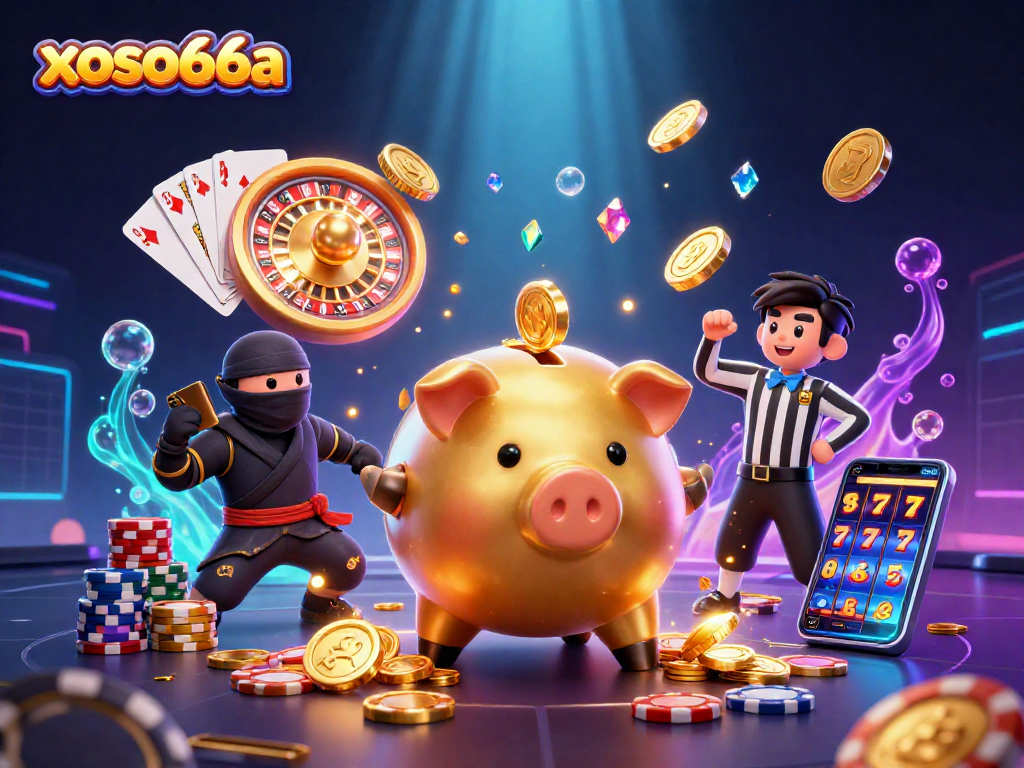 xoso66a features a dynamic casino scene with a golden piggy bank, wallet ninja, and credit card samurai surrounded by coins.