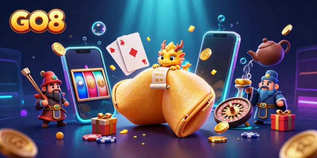 Experience exciting gameplay with GO8's vibrant 3D illustration of slots and fortune characters.