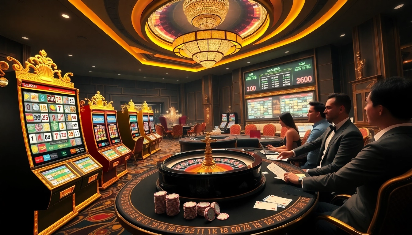 Engage in thrilling gaming experiences with GA888's luxury casino environment, featuring vibrant slot machines and roulette.