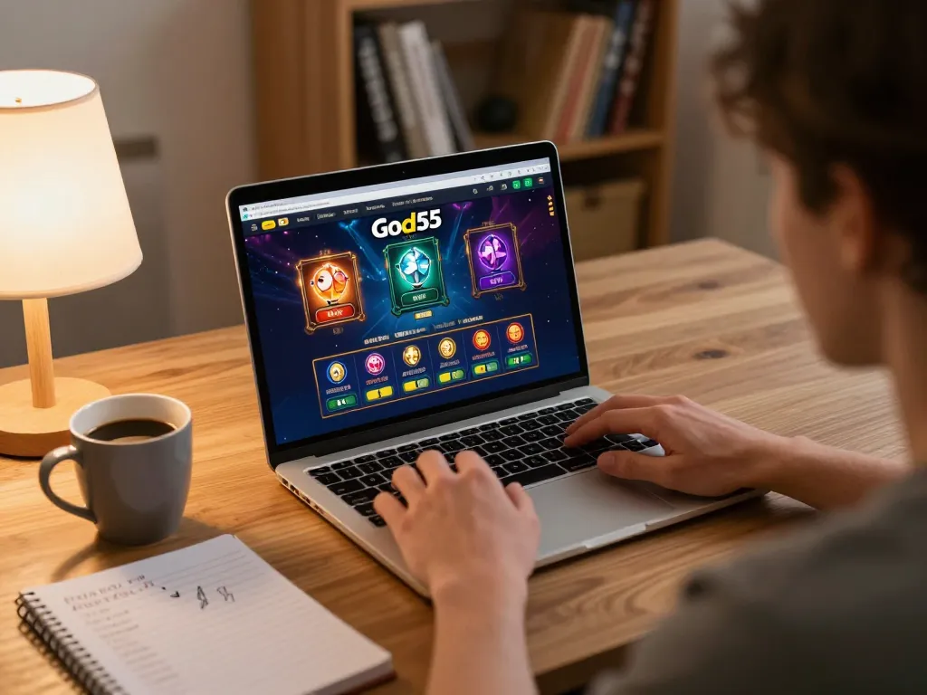 Player enjoying god55 online gaming on a laptop with vibrant game interface in cozy home setting.