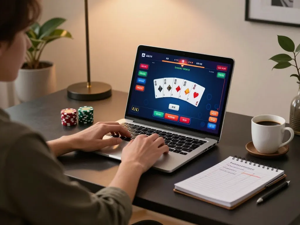Person playing poker on trang chủ bl555 with laptop, showcasing a vibrant gaming interface and cozy atmosphere