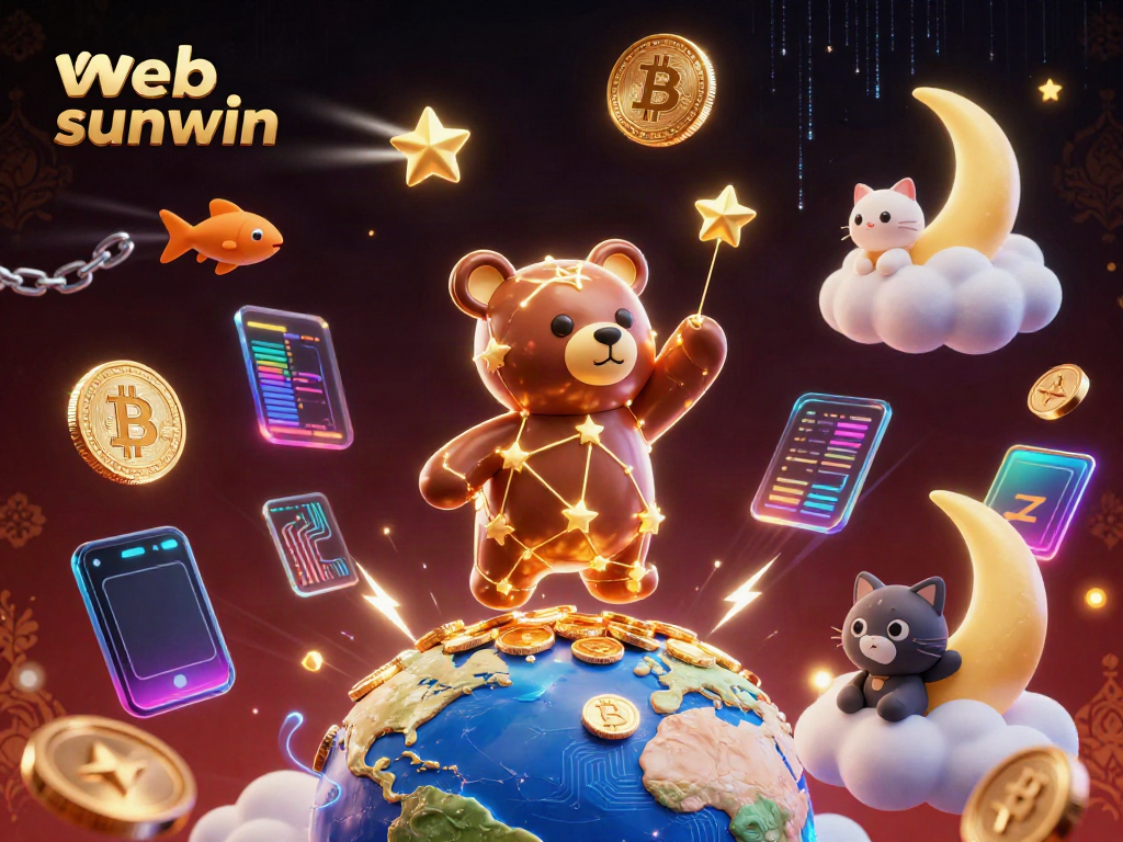 Experience the excitement of web sunwin with shining coins and iconic crypto elements in this vibrant 3D illustration.