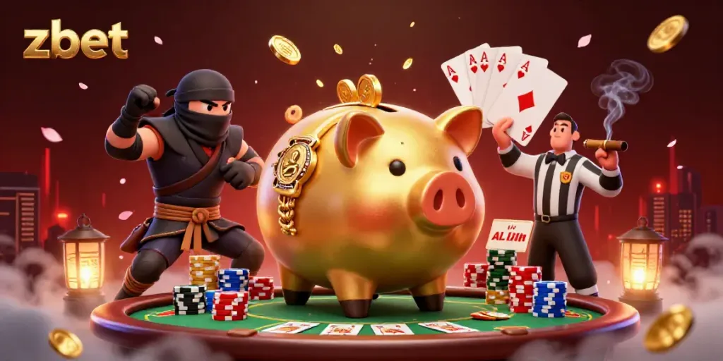 Experience the thrill of ZBET with a vibrant 3D scene featuring characters celebrating winning moments around a poker table.